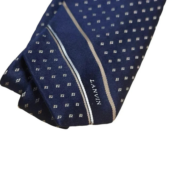 Lanvin New York Paris Dot Pattern Navy Blue Neckwear Tie - Picture 2 of 4